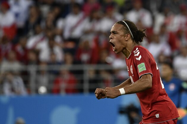 TOPSHOT - Denmark's forward Yussuf Poulsen reacts during the Russia 2018 World Cup Group C football match between Peru and Denmark at the Mordovia Arena in Saransk on June 16, 2018. (Photo by Filippo MONTEFORTE / AFP) / RESTRICTED TO EDITORIAL USE - NO MOBILE PUSH ALERTS/DOWNLOADS        (Photo credit should read FILIPPO MONTEFORTE/AFP/Getty Images)