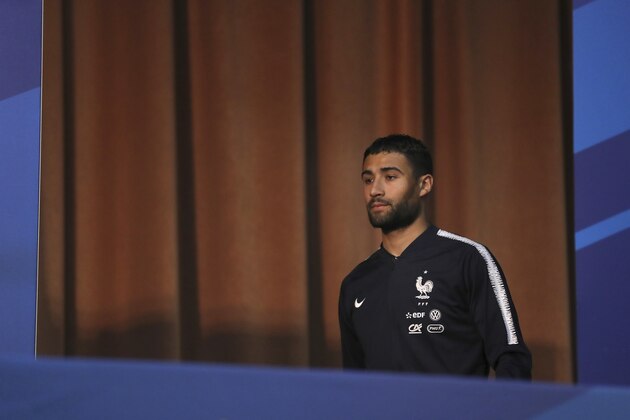France's Nabil Fekir arrives at a press conference at the 2018 soccer World Cup in Istra, Russia, Tuesday, June 19, 2018. (AP Photo/David Vincent)