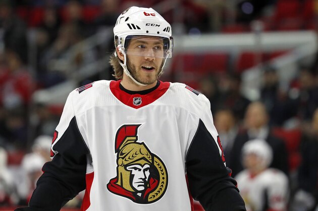 Ottawa Senators' Mike Hoffman (68) waits for a face-off against the Carolina Hurricanes during the first period of an NHL hockey game, Tuesday, Jan. 30, 2018, in Raleigh, N.C. (AP Photo/Karl B DeBlaker)
