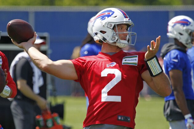 Buffalo Bills quarterback Nathan Peterman (2) makes a pass during an organized team activity at the NFL football team's training facility in Orchard Park, N.Y., Thursday, May 24, 2018. (AP Photo/Jeffrey T. Barnes)