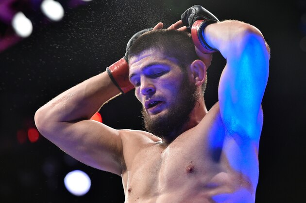 BROOKLYN, NEW YORK - APRIL 07:  Khabib Nurmagomedov of Russia reacts after his dominating performance over Al Iaquinta in their lightweight title bout during the UFC 223 event inside Barclays Center on April 7, 2018 in Brooklyn, New York. (Photo by Brandon Magnus/Zuffa LLC/Zuffa LLC via Getty Images)