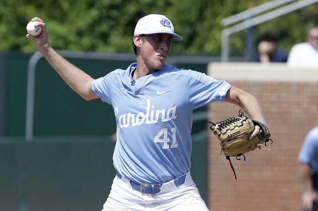 North Carolina pitcher Cooper Criswell (41) throws against Stetson during the first inning of an NCAA super regional college baseball game in Chapel Hill, N.C., Friday, June 8, 2018. (AP Photo/Gerry Broome)
