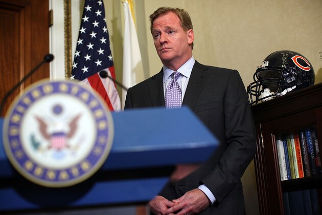 WASHINGTON, DC - JUNE 20:  NFL Commissioner Roger Goodell participates in a news briefing after his meeting with U.S. Senate Majority Whip Sen. Richard Durbin (D-IL) June 20, 2012 on Capitol Hill in Washington, DC. Goodell was on the Hill to discuss bounties in professional sports.  (Photo by Alex Wong/Getty Images)