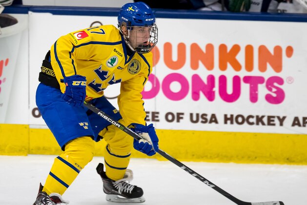 PLYMOUTH, MI - FEBRUARY 15: Jonatan Berggren #17 of the Sweden Nationals skates up ice with the puck against the Finland Nationals during the 2018 Under-18 Five Nations Tournament game at USA Hockey Arena on February 15, 2018 in Plymouth, Michigan. Finland defeated Sweden 5-3. (Photo by Dave Reginek/Getty Images)*** Local Caption *** Jonatan Berggren