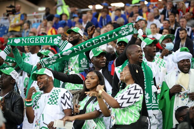 KALININGRAD, RUSSIA - JUNE 16:  Nigeria fans support their team during the 2018 FIFA World Cup Russia group D match between Croatia and Nigeria at Kaliningrad Stadium on June 16, 2018 in Kaliningrad, Russia.  (Photo by Julian Finney/Getty Images)
