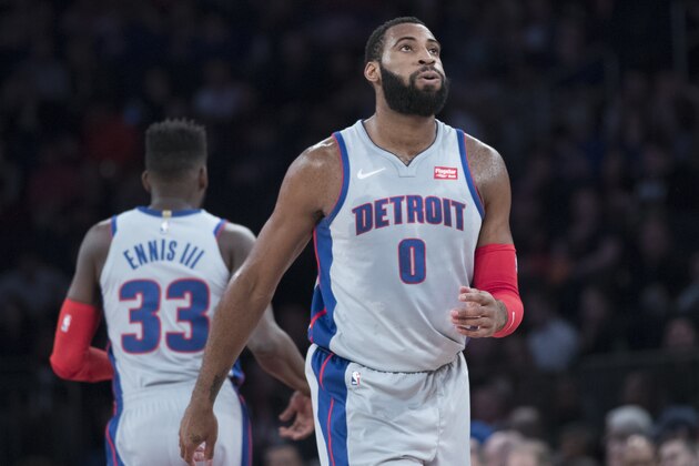 Detroit Pistons center Andre Drummond (0) reacts during the first half of an NBA basketball game against the New York Knicks, Saturday, March 31, 2018, at Madison Square Garden in New York. (AP Photo/Mary Altaffer)