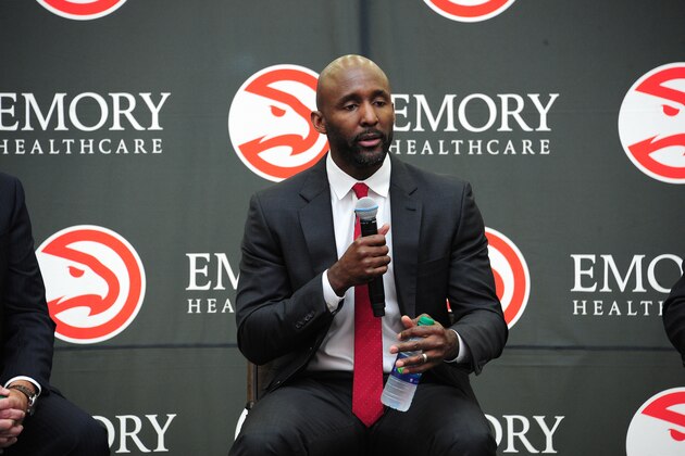 BROOKHAVEN, GA - MAY 14: Lloyd Pierce speaks to the media after being hired as Head Coach of the Atlanta Hawks on May 14, 2018 at the Emory Sports Medicine Complex in Brookhaven, Georgia. NOTE TO USER: User expressly acknowledges and agrees that, by downloading and/or using this photograph, user is consenting to the terms and conditions of the Getty Images License Agreement. Mandatory Copyright Notice: Copyright 2018 NBAE (Photo by Scott Cunningham/NBAE via Getty Images)