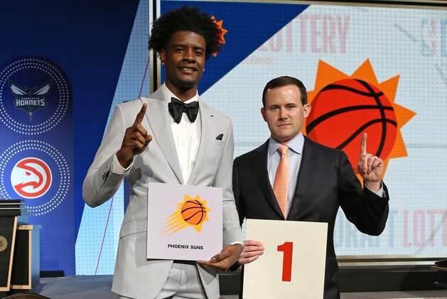 CHICAGO, IL - MAY 15:  Josh Jackson #20 of the Phoenix Suns and General Manager of the Phoenix Suns, Ryan McDonough pose for a photo after getting the number one pick in the 2018 NBA Draft during the NBA Draft Lottery on May 15, 2018 at The Palmer House Hilton in Chicago, Illinois. NOTE TO USER: User expressly acknowledges and agrees that, by downloading and or using this Photograph, user is consenting to the terms and conditions of the Getty Images License Agreement. Mandatory Copyright Notice: Copyright 2018 NBAE (Photo by Gary Dineen/NBAE via Getty Images)