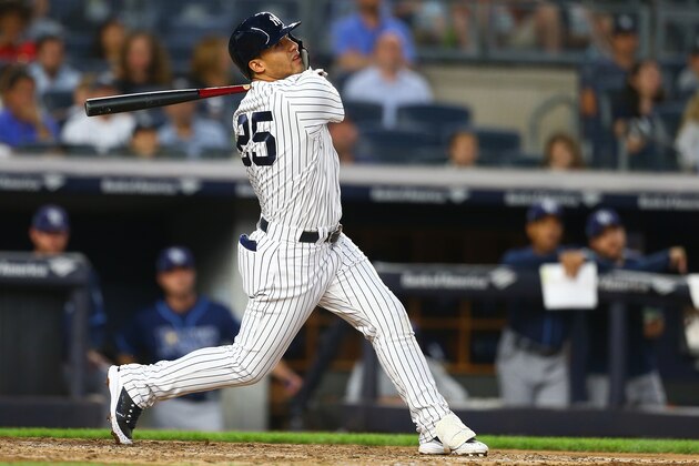 NEW YORK, NY - JUNE 15:  Gleyber Torres #25 of the New York Yankees in action against the Tampa Bay Rays at Yankee Stadium on June 15, 2018 in the Bronx borough of New York City. New York Yankees defeated the Tampa Bay Rays 5-0.  (Photo by Mike Stobe/Getty Images)
