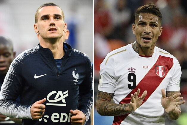 (COMBO) This combination photo created on June 19, 2018 shows France's forward Antoine Griezmann in Nice on June 1, 2018 (L) and Peru's forward Paolo Guerrero in Saransk on June 16, 2018. - France will play Peru in their Russia 2018 World Cup Group C football match at the Ekaterinburg Arena in Ekaterinburg on June 21, 2018. (Photo by Franck FIFE and Filippo MONTEFORTE / AFP)        (Photo credit should read FRANCK FIFE,FILIPPO MONTEFORTE/AFP/Getty Images)