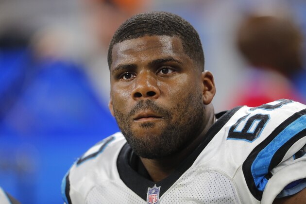 Carolina Panthers offensive tackle Daryl Williams (60) watches against the Detroit Lions during an NFL football game in Detroit, Sunday, Oct. 8, 2017. (AP Photo/Paul Sancya)