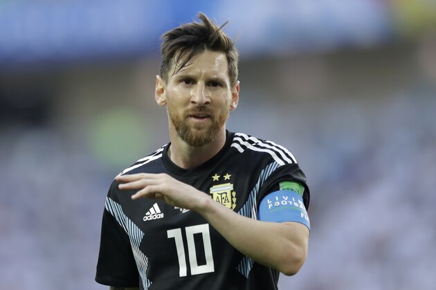 Argentina's Lionel Messi looks on during the group D match between Argentina and Iceland at the 2018 soccer World Cup in the Spartak Stadium in Moscow, Russia, Saturday, June 16, 2018. (AP Photo/Matthias Schrader)