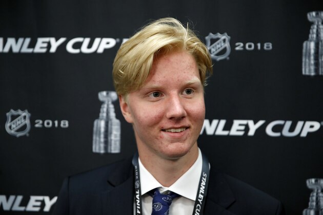 FILE - In this June 4, 2018, file photo, NHL draft prospect Rasmus Dahlin, of Sweden, smiles during a media availability before Game 4 of the NHL hockey Stanley Cup Final between the Washington Capitals and the Vegas Golden Knights, in Washington. With likelihood of selecting Dahlin with the first pick in the draft on Friday, June 22, the Buffalo Sabres are again in a position to end what’s been a decade-long freefall. (AP Photo/Alex Brandon, File)