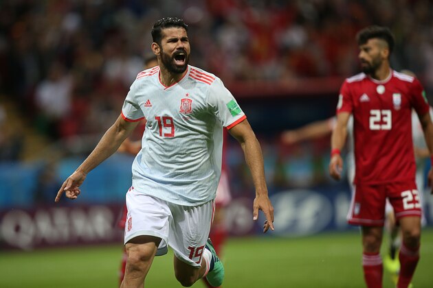 Spain's forward Diego Costa celebrates his goal during the Russia 2018 World Cup Group B football match between Iran and Spain at the Kazan Arena in Kazan on June 20, 2018. (Photo by Roman Kruchinin / AFP) / RESTRICTED TO EDITORIAL USE - NO MOBILE PUSH ALERTS/DOWNLOADS        (Photo credit should read ROMAN KRUCHININ/AFP/Getty Images)