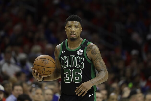 Boston Celtics' Marcus Smart in action during Game 4 of an NBA basketball second-round playoff series against the Philadelphia 76ers, Monday, May 7, 2018, in Philadelphia. (AP Photo/Matt Slocum)