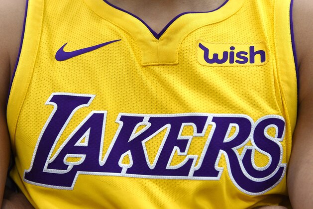 EL SEGUNDO, CA - SEPTEMBER 25: The new Los Angeles Lakers Nike jersey with the sponsor logo 'Wish' on the left chest is seen during media day September 25, 2017, in El Segundo, California. NOTE TO USER: User expressly acknowledges and agrees that, by downloading and/or using this photograph, user is consenting to the terms and conditions of the Getty Images License Agreement. (Photo by Kevork Djansezian/Getty Images)