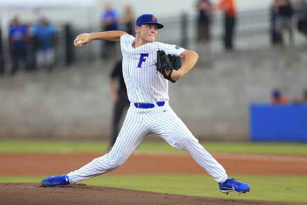 Florida pitcher Jack Leftwich throws against Auburn during the first inning of an NCAA Super Regional college baseball game Monday, June 11, 2018, in Gainesville, Fla. (AP Photo/Matt Stamey)