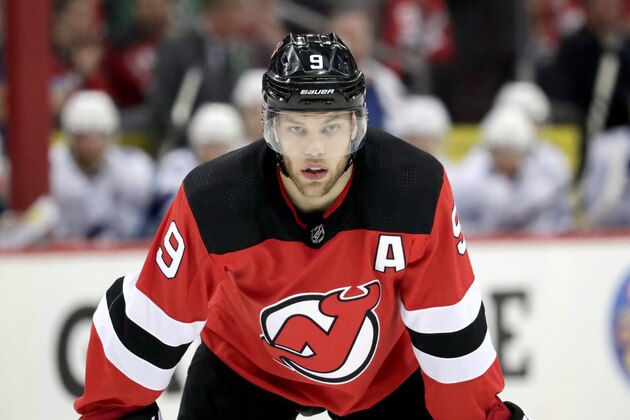 New Jersey Devils left wing Taylor Hall skates against the Tampa Bay Lightning during the second period of Game 4 of an NHL first-round hockey playoff series, Wednesday, April 18, 2018, in Newark, N.J. (AP Photo/Julio Cortez)
