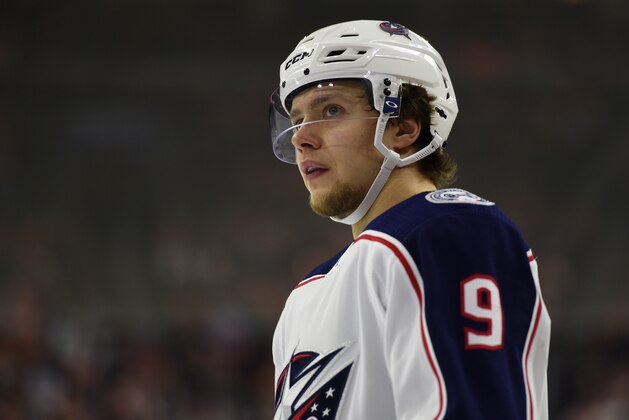 Columbus Blue Jackets' Artemi Panarin looks on during the third period of an NHL hockey game against the Philadelphia Flyers, Thursday, Feb. 22, 2018, in Philadelphia. The Flyers won 2-1. (AP Photo/Derik Hamilton)
