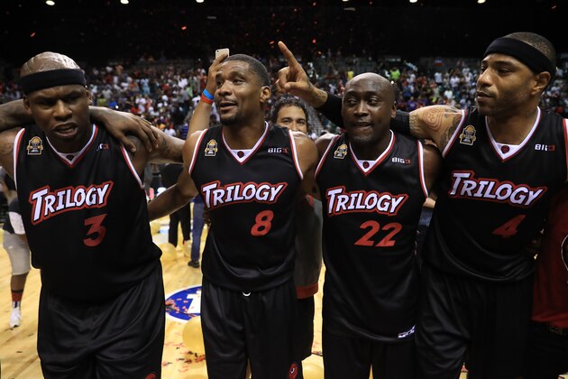 LAS VEGAS, NV - AUGUST 26:  Kenyon Martin #4, Dion Glover #22 and James White #8 and Al Harrington #3 of Trilogy, celebrate after defeating 3 Headed Monsters in the BIG3 three on three basketball league championship game on August 26, 2017 in Las Vegas, Nevada.  (Photo by Sean M. Haffey/BIG3/Getty Images)