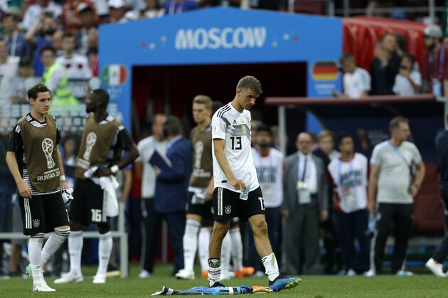 Germany's Thomas Mueller walks off the pitch at the end of the group F match between Germany and Mexico at the 2018 soccer World Cup in the Luzhniki Stadium in Moscow, Russia, Sunday, June 17, 2018. Mexico won 1-0. (AP Photo/Victor R. Caivano)