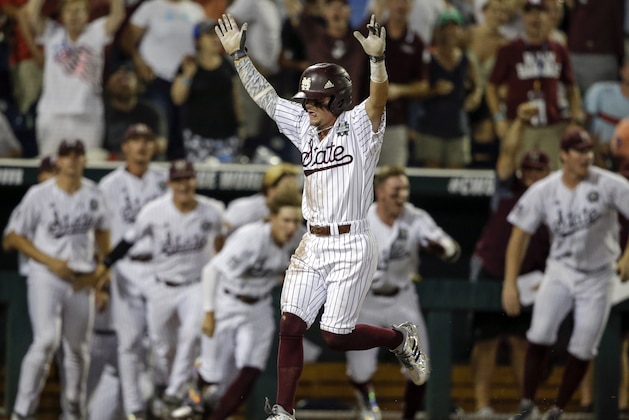 Mississippi State's Hunter Stovall, center, celebrates as he runs to home plate for the winning run against Washington on a single by Luke Alexander in the ninth inning of an NCAA College World Series baseball game in Omaha, Neb., Saturday, June 16, 2018. (AP Photo/Nati Harnik) Mississippi State's Hunter Stovall, center, celebrates as he runs to home plate for the winning run against Washington on a single by Luke Alexander in the ninth inning of an NCAA College World Series baseball game in Omaha, Neb., Saturday, June 16, 2018. (AP Photo/Nati Harnik)