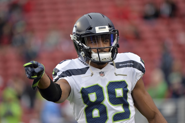 Seattle Seahawks wide receiver Doug Baldwin (89) warms up before an NFL football game Sunday, Nov. 26, 2017, in Santa Clara, Calif. (AP Photo/Don Feria)