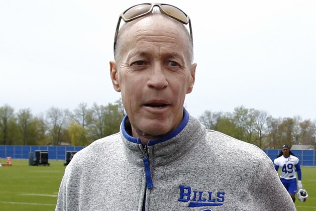 FILE - In this May 11, 2018, file photo, Hall of Fame quarterback Jim Kelly is shown at the Buffalo Bills NFL football rookie minicamp, in Orchard Park, N.Y.  Kelly says he's going to receive ESPN's Jimmy V Award for the toughness and perseverance he's displayed during his ongoing battle with oral cancer. Kelly says cable network officials informed him about 10 days ago that he will receive the honor at the ESPY Awards next month. (AP Photo/Jeffrey T. Barnes, File)
