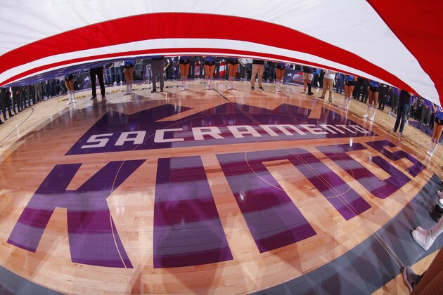 SACRAMENTO, CA - DECEMBER 12: A shot of the Sacramento Kings logo on the court during the national anthem of the game against the Los Angeles Lakers on December 12, 2016 at Golden 1 Center in Sacramento, California. NOTE TO USER: User expressly acknowledges and agrees that, by downloading and or using this photograph, User is consenting to the terms and conditions of the Getty Images Agreement. Mandatory Copyright Notice: Copyright 2016 NBAE (Photo by Rocky Widner/NBAE via Getty Images)