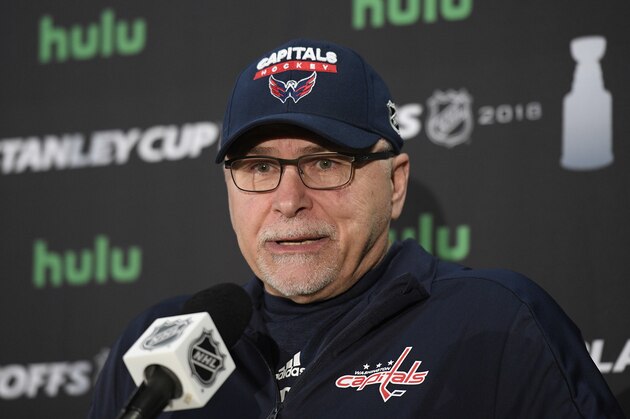 Washington Capitals' head coach Barry Trotz talks to the media at an NHL hockey practice, Thursday, May 10, 2018, in Arlington, Va. Washington faces Tampa Bay in the Eastern Conference finals beginning Friday, May 11. (AP Photo/Nick Wass)