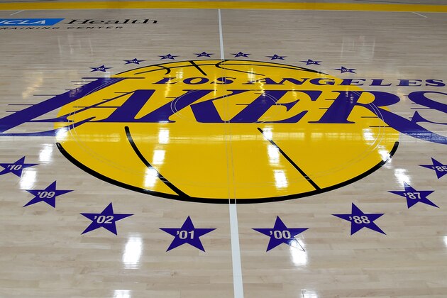 LOS ANGELES, CA - MAY 29:  View of the Los Angeles Lakers logo on the floor of  the UCLA Health Training Center, their training faculity, on May 29, 2018 in Los Angeles, California. NOTE TO USER: User expressly acknowledges and agrees that, by downloading and or using this photograph, User is consenting to the terms and conditions of the Getty Images License Agreement.  (Photo by Jayne Kamin-Oncea/Getty Images)