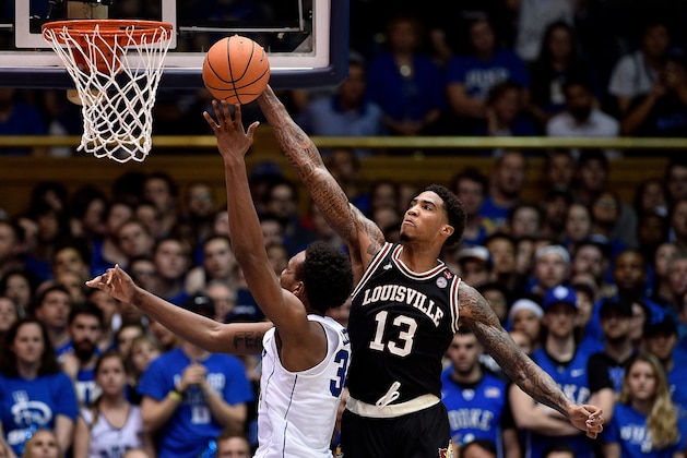 DURHAM, NC - FEBRUARY 21:  Ray Spalding #13 of the Louisville Cardinals blocks a shot by Wendell Carter Jr #34 of the Duke Blue Devils during their game at Cameron Indoor Stadium on February 21, 2018 in Durham, North Carolina. Duke won 82-56.  (Photo by Grant Halverson/Getty Images)