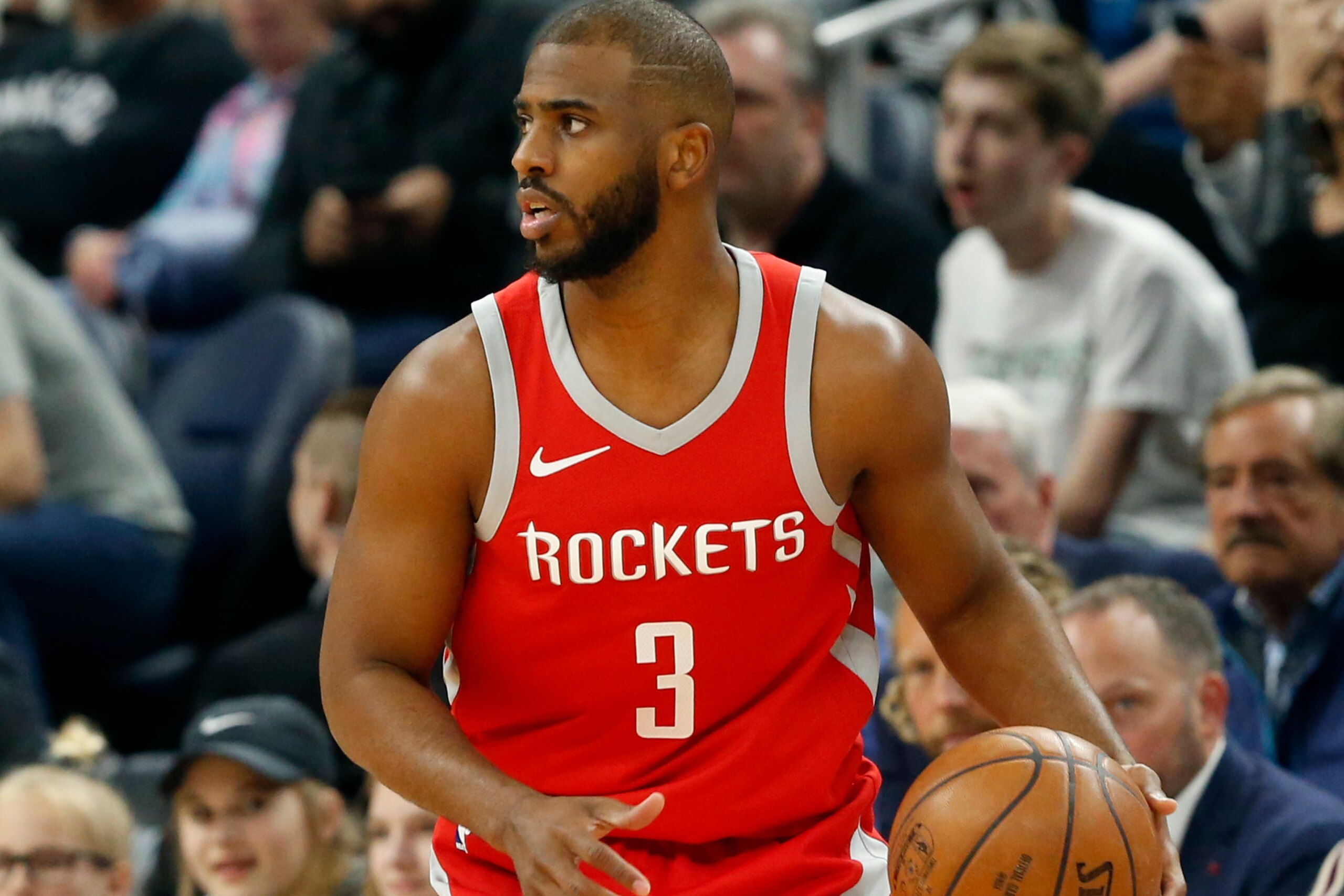 Houston Rockets' Chris Paul plays against the Minnesota Timberwolves in the first half during Game 3 of an NBA basketball first round playoff series Saturday, April 21, 2018, in Minneapolis. (AP Photo/Jim Mone) Houston Rockets' Chris Paul plays against the Minnesota Timberwolves in the first half during Game 3 of an NBA basketball first round playoff series Saturday, April 21, 2018, in Minneapolis. (AP Photo/Jim Mone)