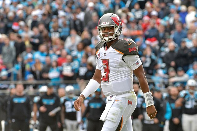 CHARLOTTE, NC - DECEMBER 24:  Jameis Winston #3 of the Tampa Bay Buccaneers against the Carolina Panthers during their game at Bank of America Stadium on December 24, 2017 in Charlotte, North Carolina.  (Photo by Grant Halverson/Getty Images)