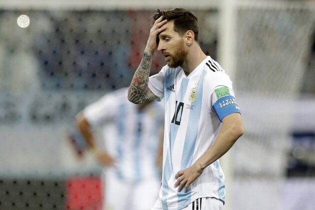 Argentina's Lionel Messi reacts after the third goal of Croatia during the group D match between Argentina and Croatia at the 2018 soccer World Cup in Nizhny Novgorod Stadium in Nizhny Novgorod, Russia, Thursday, June 21, 2018. Croatia won 3-0. (AP Photo/Petr David Josek)