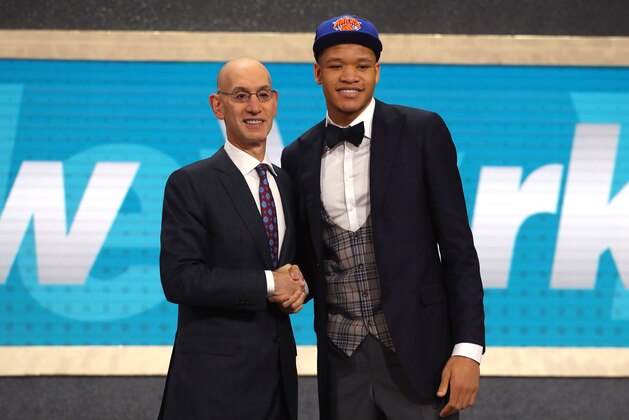 NEW YORK, NY - JUNE 21: Kevin Knox poses with NBA Commissioner Adam Silver after being drafted ninth overall by the New York Knicks during the 2018 NBA Draft at the Barclays Center on June 21, 2018 in the Brooklyn borough of New York City. NOTE TO USER: User expressly acknowledges and agrees that, by downloading and or using this photograph, User is consenting to the terms and conditions of the Getty Images License Agreement. (Photo by Mike Stobe/Getty Images) NEW YORK, NY - JUNE 21: Kevin Knox poses with NBA Commissioner Adam Silver after being drafted ninth overall by the New York Knicks during the 2018 NBA Draft at the Barclays Center on June 21, 2018 in the Brooklyn borough of New York City. NOTE TO USER: User expressly acknowledges and agrees that, by downloading and or using this photograph, User is consenting to the terms and conditions of the Getty Images License Agreement. (Photo by Mike Stobe/Getty Images)