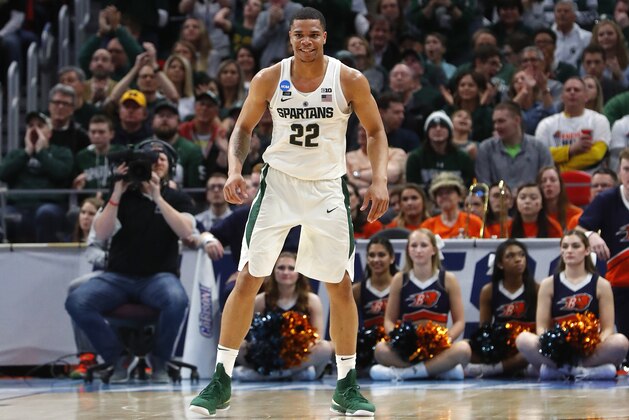 Michigan State guard Miles Bridges (22) plays against Bucknell during the second half of an NCAA men's college basketball tournament first-round game in Detroit, Friday, March 16, 2018. (AP Photo/Paul Sancya)