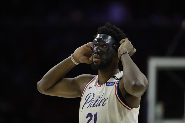 Philadelphia 76ers' Joel Embiid in action during Game 4 of an NBA basketball second-round playoff series against the Boston Celtics, Monday, May 7, 2018, in Philadelphia. (AP Photo/Matt Slocum)