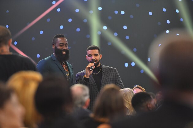 NEW YORK - JUNE 26: Host Drake interviews James Harden of the Houston Rockets during the 2017 NBA Awards Show on June 26, 2017 at Basketball City in New York City. NOTE TO USER: User expressly acknowledges and agrees that, by downloading and/or using this photograph, user is consenting to the terms and conditions of the Getty Images License Agreement.  Mandatory Copyright Notice: Copyright 2017 NBAE (Photo by Jesse D. Garrabrant/NBAE via Getty Images)