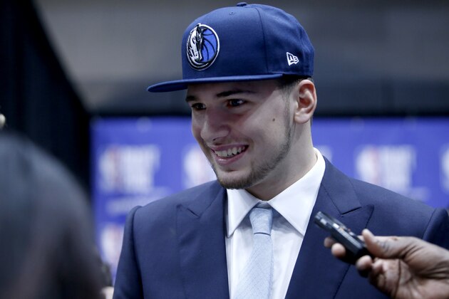 BROOKLYN, NY - JUNE 21: Luka Doncic talks with media after being selected third overall during the 2018 NBA Draft on June 21, 2018 at Barclays Center in Brooklyn, New York. NOTE TO USER: User expressly acknowledges and agrees that, by downloading and or using this photograph, User is consenting to the terms and conditions of the Getty Images License Agreement. Mandatory Copyright Notice: Copyright 2018 NBAE (Photo by Michelle Farsi/NBAE via Getty Images)
