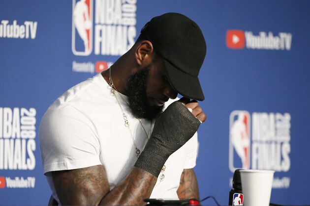 CLEVELAND, CA - JUN 8:  LeBron James #23 of the Cleveland Cavaliers talks to the media after being defeated by the Golden State Warriors in Game Four of the 2018 NBA Finals won 108-85 by the Golden State Warriors over the Cleveland Cavaliers at the Quicken Loans Arena on June 6, 2018 in Cleveland, Ohio. NOTE TO USER: User expressly acknowledges and agrees that, by downloading and or using this photograph, User is consenting to the terms and conditions of the Getty Images License Agreement. Mandatory Copyright Notice: Copyright 2018 NBAE (Photo by Chris Elise/NBAE via Getty Images)