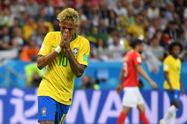 Brazil's forward Neymar reacts during the Russia 2018 World Cup Group E football match between Brazil and Switzerland at the Rostov Arena in Rostov-On-Don on June 17, 2018. (Photo by JOE KLAMAR / AFP) / RESTRICTED TO EDITORIAL USE - NO MOBILE PUSH ALERTS/DOWNLOADS        (Photo credit should read JOE KLAMAR/AFP/Getty Images)