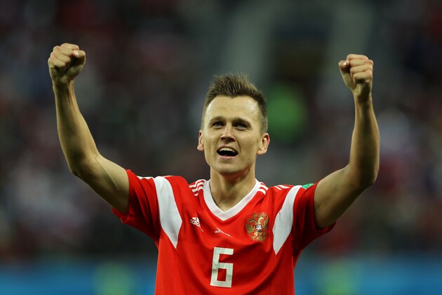 SAINT PETERSBURG, NULL - JUNE 19:  Denis Cheryshev of Russia celebrates after scoring his team's second goal during the 2018 FIFA World Cup Russia group A match between Russia and Egypt at Saint Petersburg Stadium on June 19, 2018 in Saint Petersburg, Russia.  (Photo by Richard Heathcote/Getty Images)