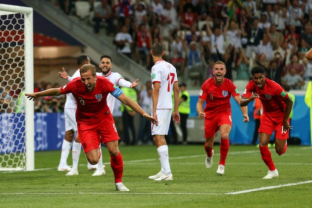 VOLGOGRAD, RUSSIA - JUNE 18: Harry Kane of England celebrates after scoring a goal to make it 1-2 during the 2018 FIFA World Cup Russia group G match between Tunisia and England at Volgograd Arena on June 18, 2018 in Volgograd, Russia. (Photo by Robbie Jay Barratt - AMA/Getty Images)