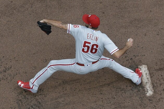 Philadelphia Phillies starting pitcher Zach Eflin throws during the first inning of a baseball game against the Milwaukee Brewers Saturday, June 16, 2018, in Milwaukee. (AP Photo/Morry Gash)