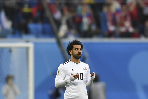 Egypt's forward Mohamed Salah prays during the Russia 2018 World Cup Group A football match between Russia and Egypt at the Saint Petersburg Stadium in Saint Petersburg on June 19, 2018. (Photo by Olga MALTSEVA / AFP) / RESTRICTED TO EDITORIAL USE - NO MOBILE PUSH ALERTS/DOWNLOADS        (Photo credit should read OLGA MALTSEVA/AFP/Getty Images)