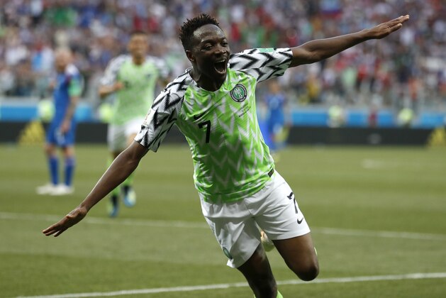 Nigeria's Ahmed Musa celebrates after scoring his team's second goal during the group D match between Nigeria and Iceland at the 2018 soccer World Cup in the Volgograd Arena in Volgograd, Russia, Friday, June 22, 2018. (AP Photo/Darko Vojinovic)