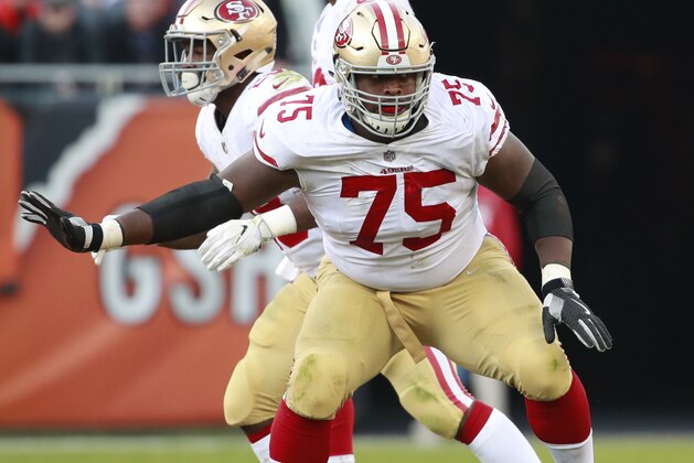 San Francisco 49ers offensive guard Laken Tomlinson (75) sets to block against the Chicago Bears during an NFL football game Sunday, Dec. 3, 2017, in Chicago. The 49ers won the game 15-14. (Jeff Haynes/AP Images for Panini)