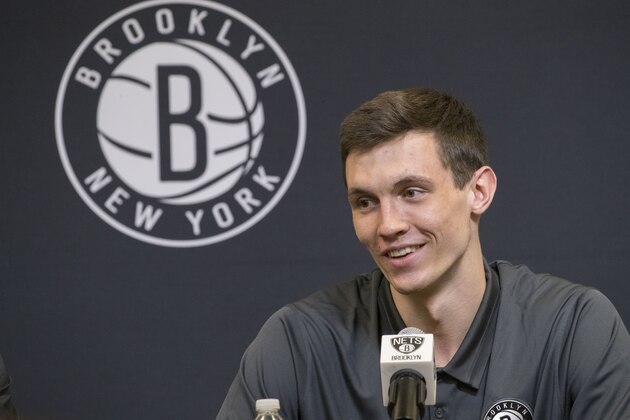 Brooklyn Nets NBA basketball draft pick Rodions Kurucs, of Latvia, speaks to reporters during a news conference, Friday, June 22, 2018, in New York. (AP Photo/Mary Altaffer)