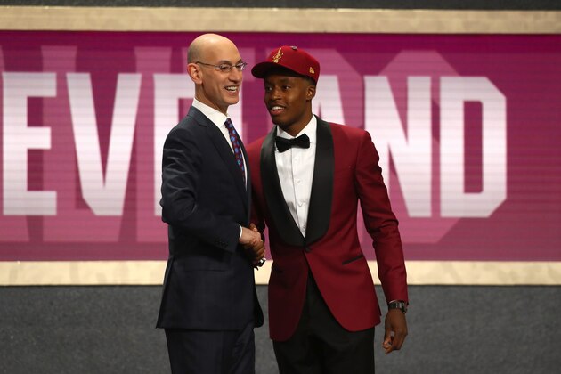 NEW YORK, NY - JUNE 21:  Collin Sexton poses with NBA Commissioner Adam Silver after being drafted eighth overall by the Cleveland Cavaliers during the 2018 NBA Draft at the Barclays Center on June 21, 2018 in the Brooklyn borough of New York City. NOTE TO USER: User expressly acknowledges and agrees that, by downloading and or using this photograph, User is consenting to the terms and conditions of the Getty Images License Agreement.  (Photo by Mike Stobe/Getty Images)